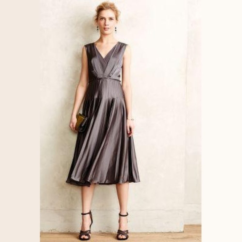 Ivy + Blue Grey V-Neck Silk Midi Dress - Picture 2 of 6
